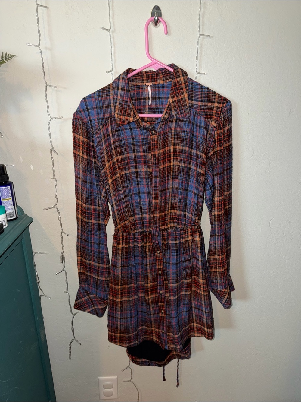 Free People Plaid Button Up Dress in Blue, Brown & Orange